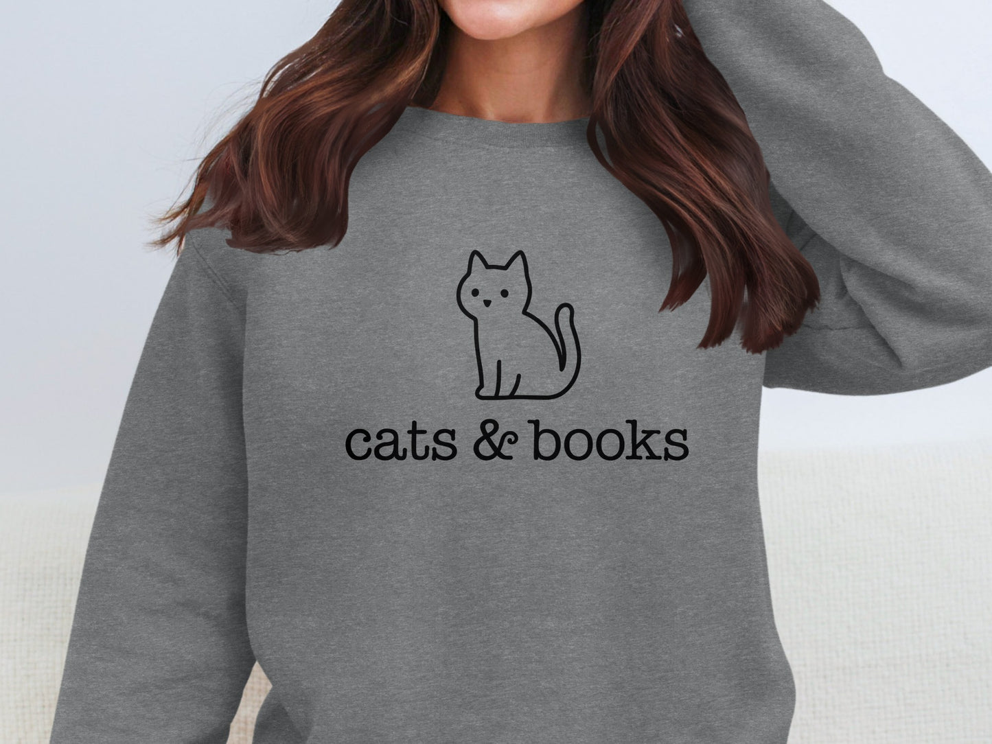 Cozy Gray Sweatshirt with Cats and Books Graphic Design
