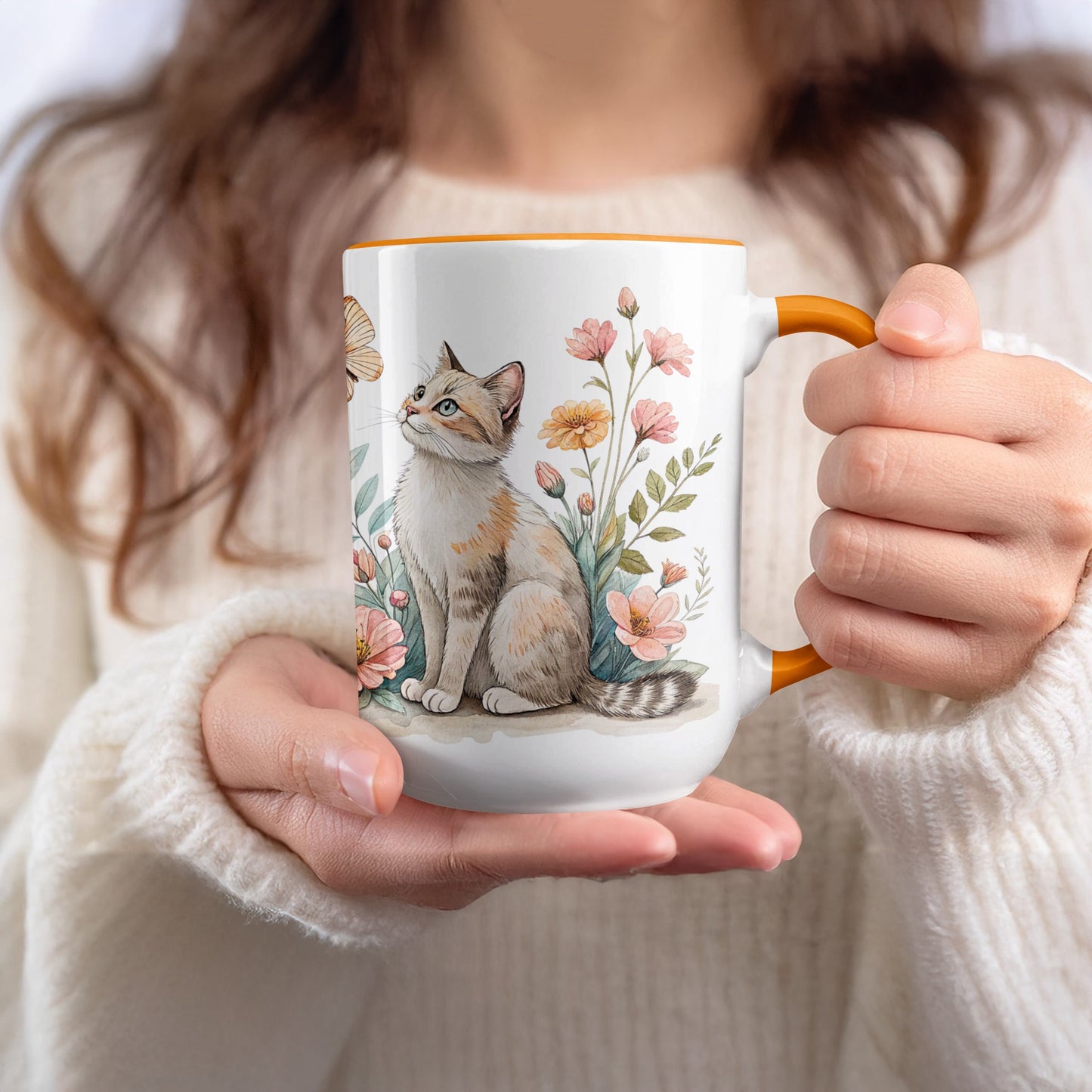 Cute Illustrated Cat with Flowers Coffee Mug
