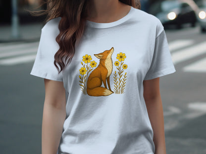 Vibrant Fox Artwork Surrounded by Yellow Florals T-shirt product