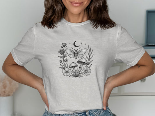 Artistic Floral and Moth Design T-shirt product type