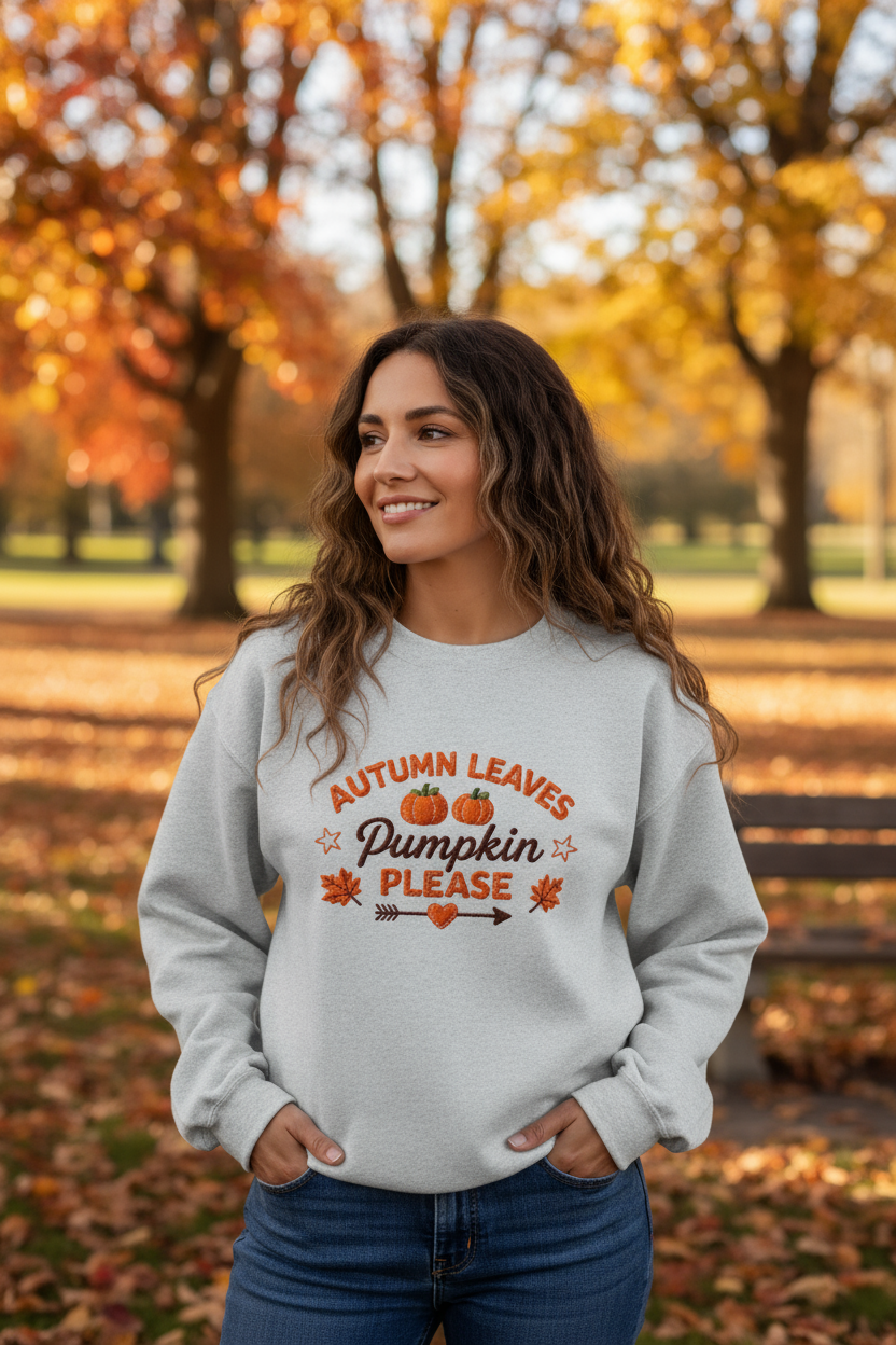Autumn Leaves Pumpkin Please Embroidered Sweatshirt