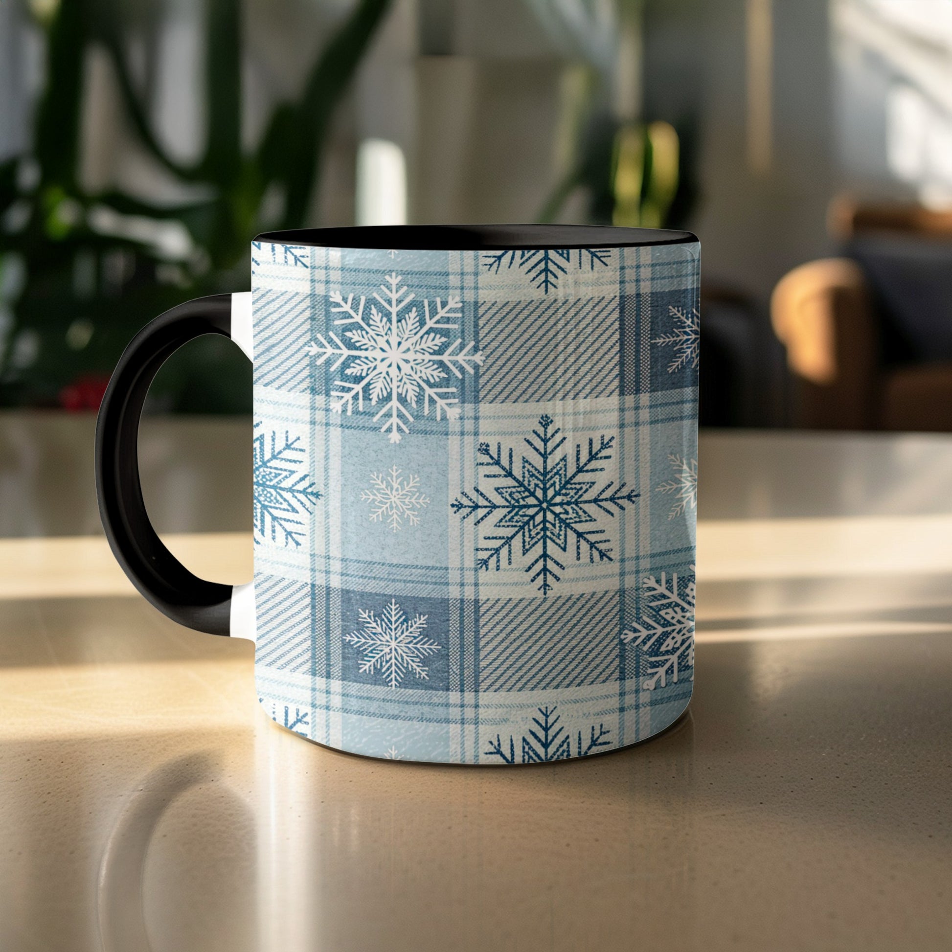 Blue Plaid Snowflake Winter Themed Mug