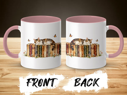 Cat Sleeping on Books with Butterflies Mug product type