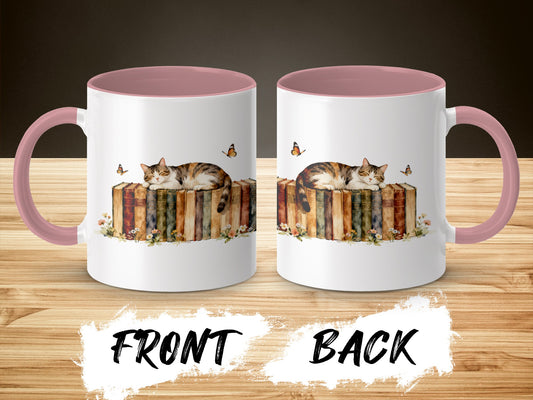 Cat Sleeping on Books with Butterflies Mug product type