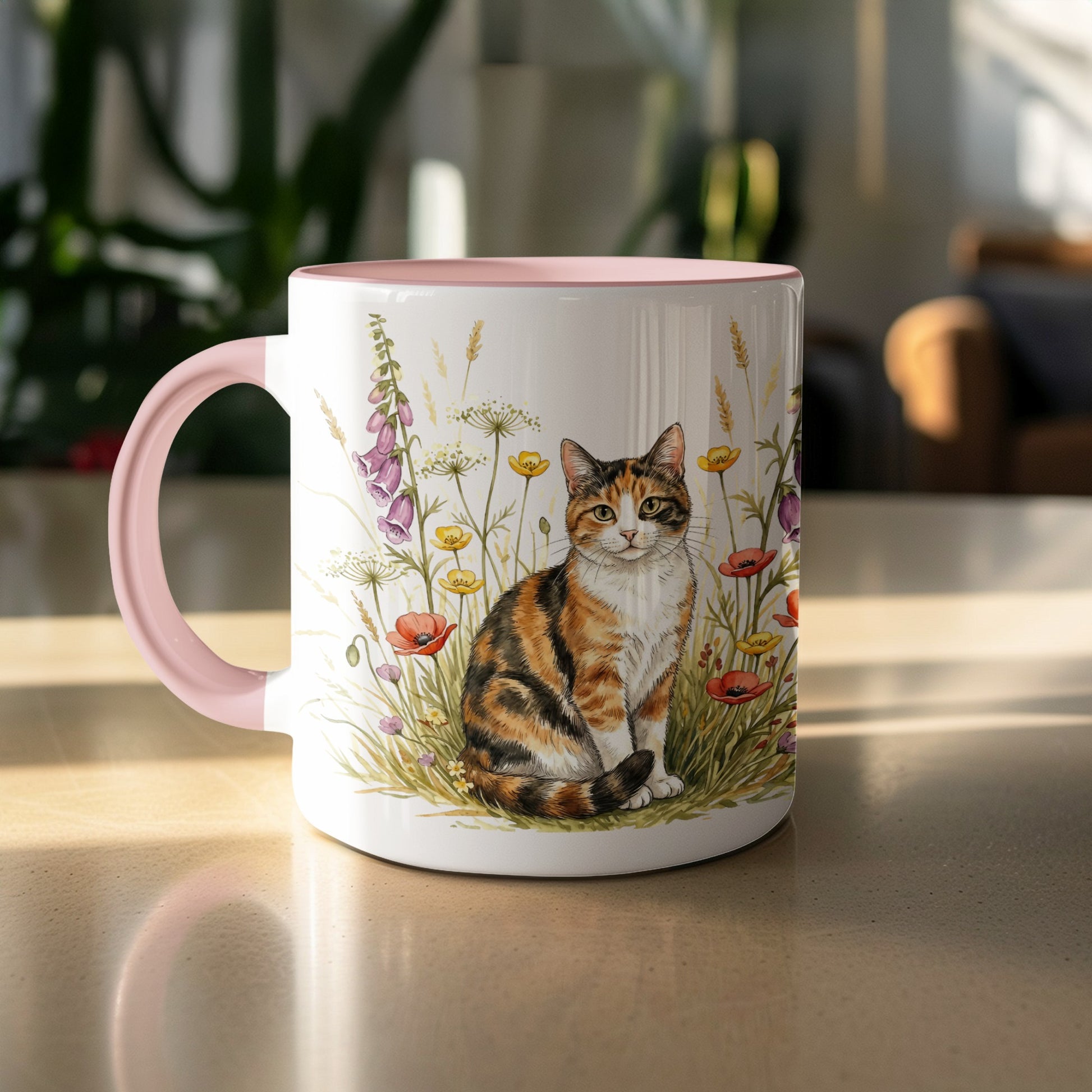 Cute Cat Sitting In Flowers Print Coffee Mug