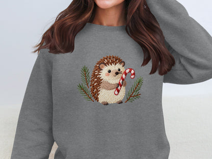 Cute Hedgehog with Candy Cane Christmas Sweatshirt