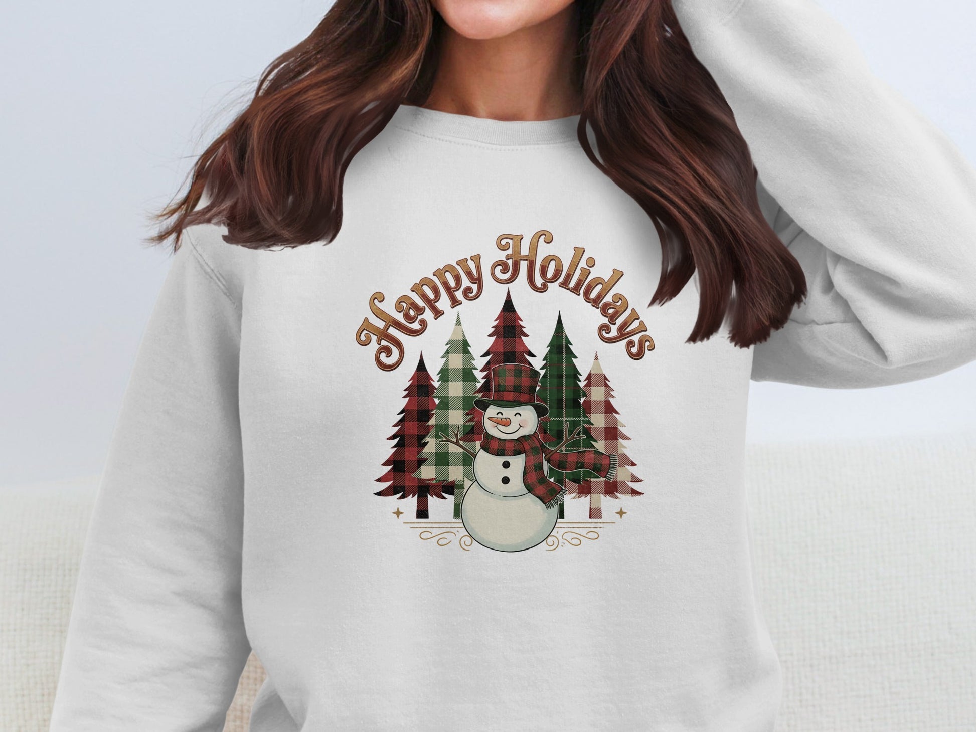 Happy Holidays Snowman with Christmas Trees Sweatshirt