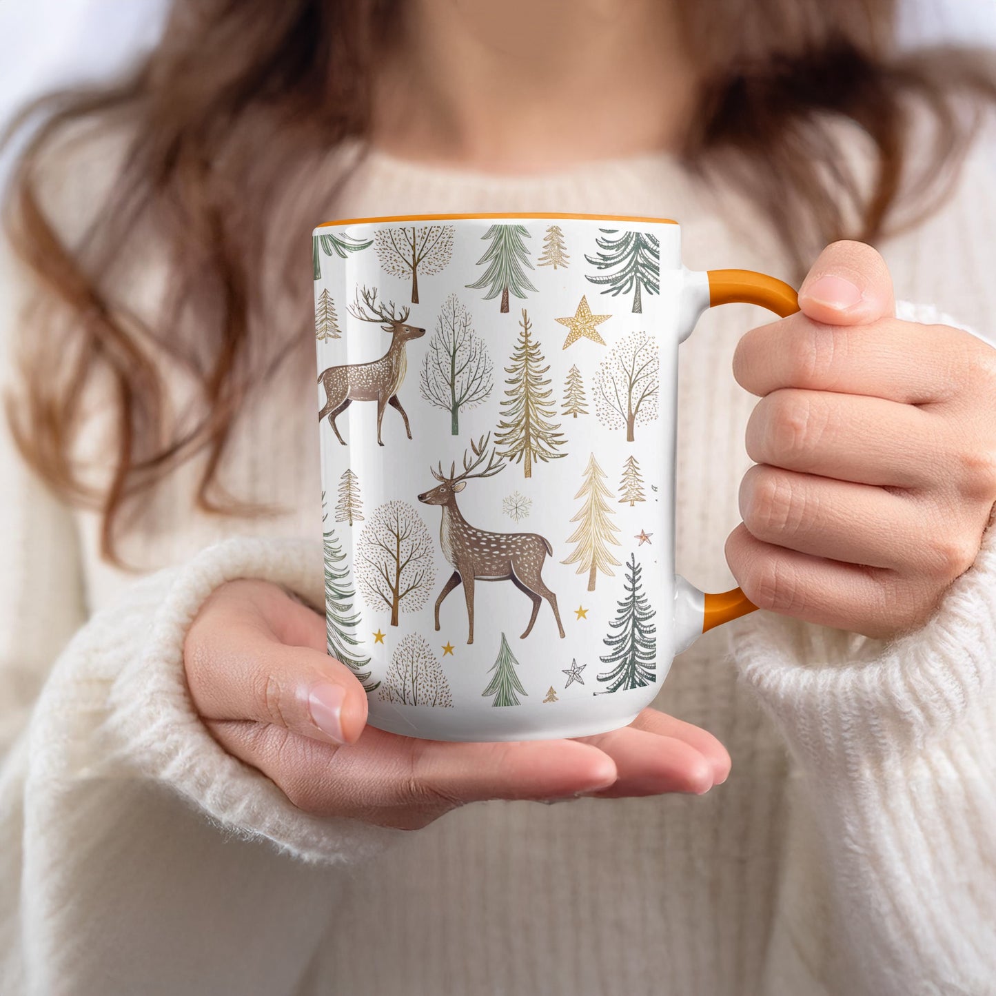 Festive Reindeer and Pine Trees Illustrated Mug