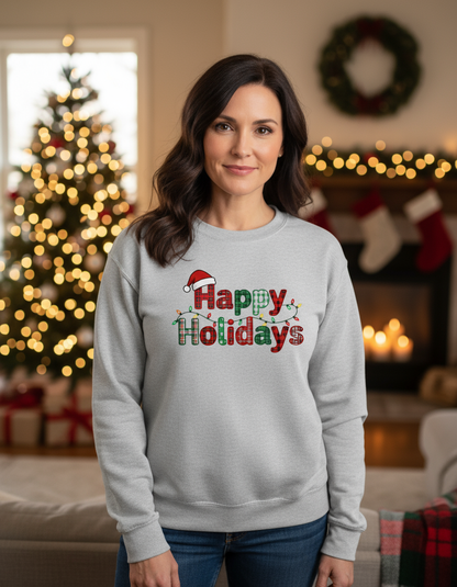 Happy Holidays Sweatshirt Colorful Santa Hat Plaid Letters