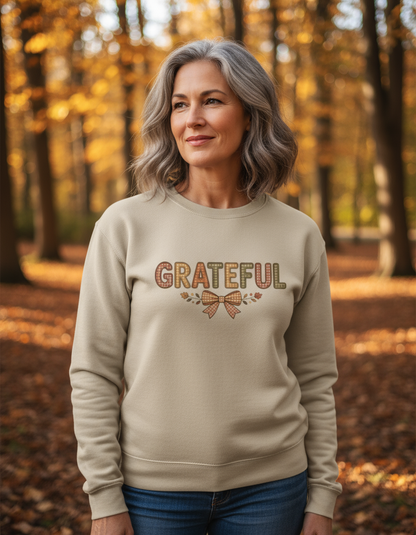 Plaid Grateful Above Bow and Leaves Graphic Sweatshirt