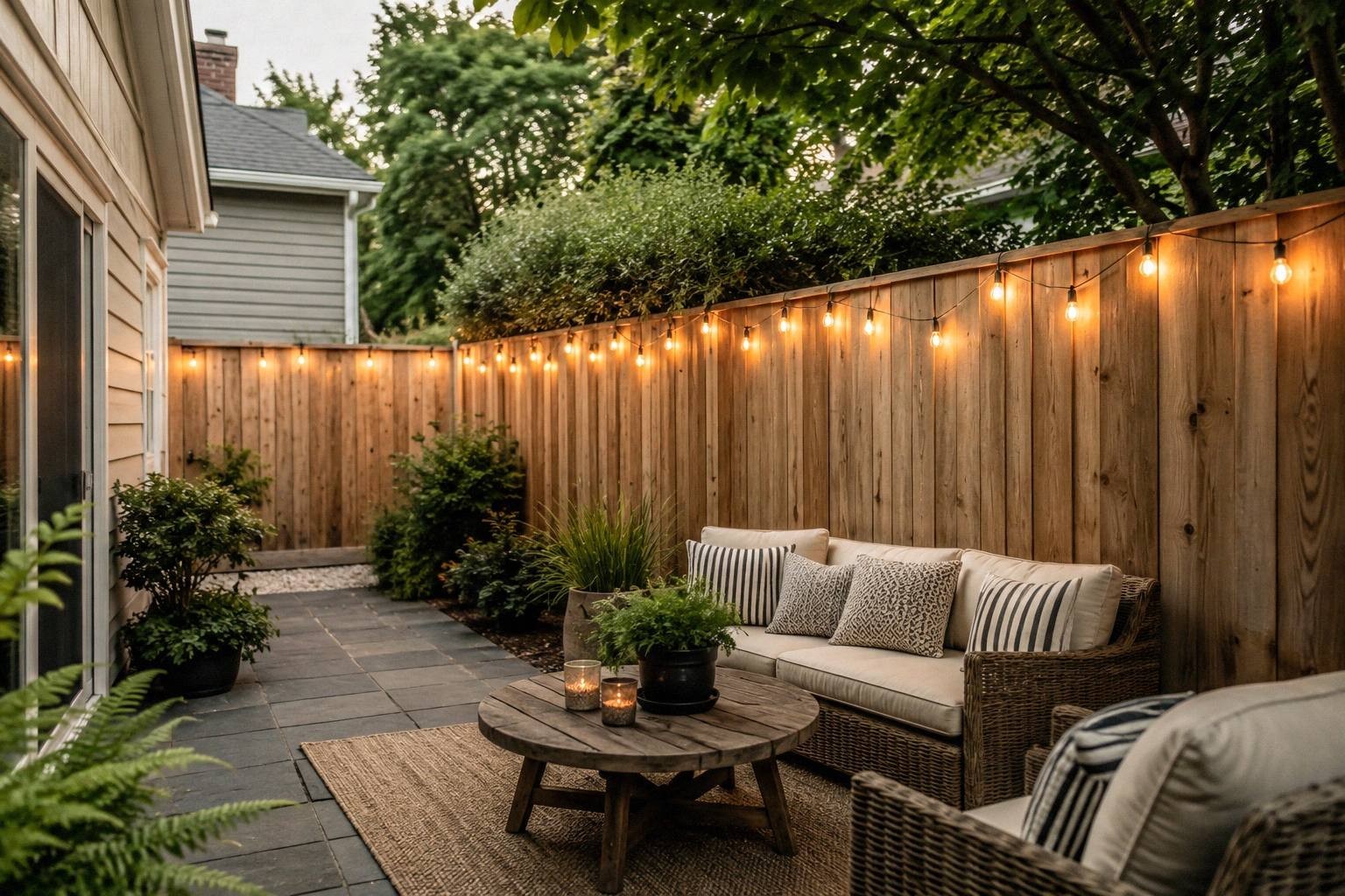 Edison bulb string lights hung along wooden fence perimeter above small patio with chairs