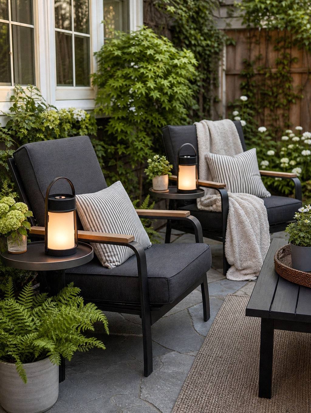 two battery-powered LED lanterns with metal housings sitting on outdoor chair arms at dusk