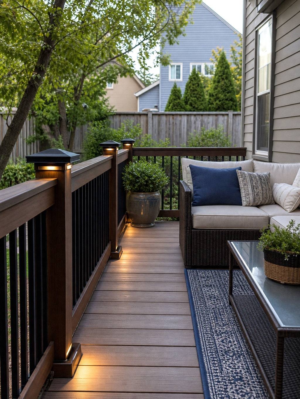 small LED puck lights mounted on deck railing posts casting downward glow on floor