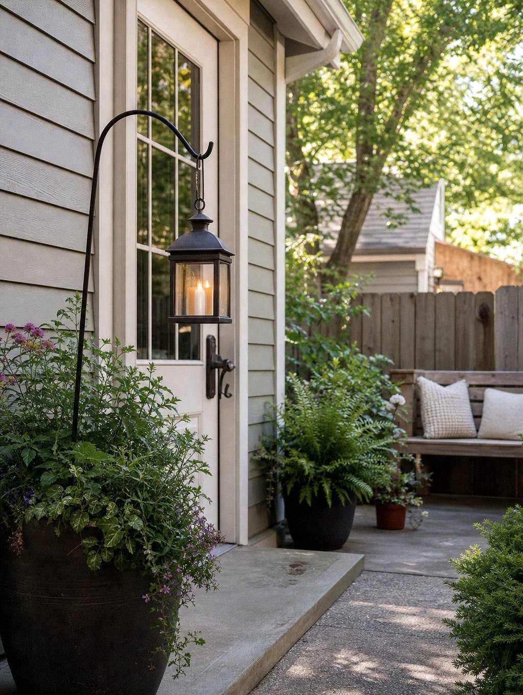 black shepherd's hook in planter with hanging lantern beside patio door at eye level