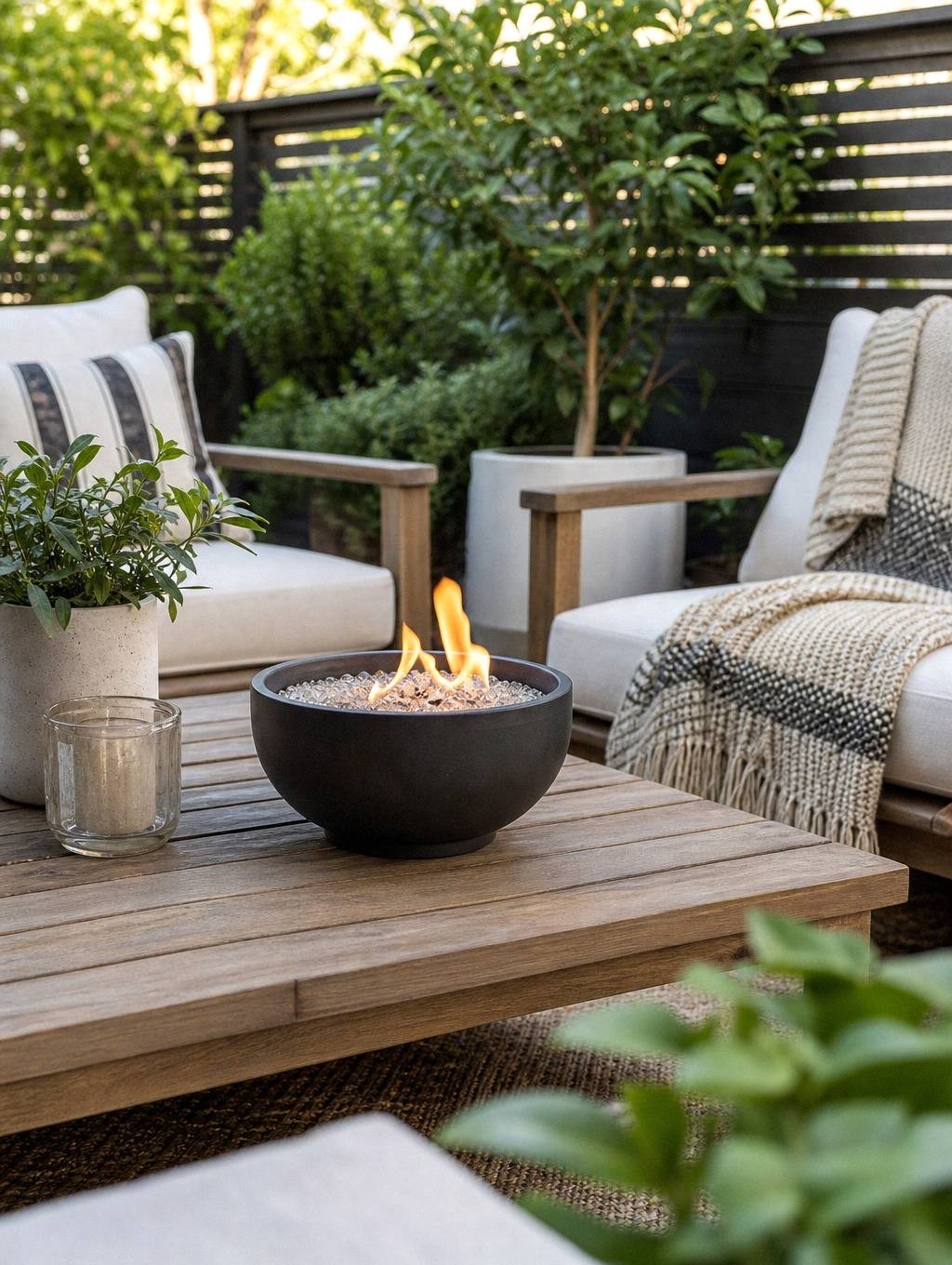 small tabletop ethanol fire bowl with flame on outdoor coffee table surrounded by chairs