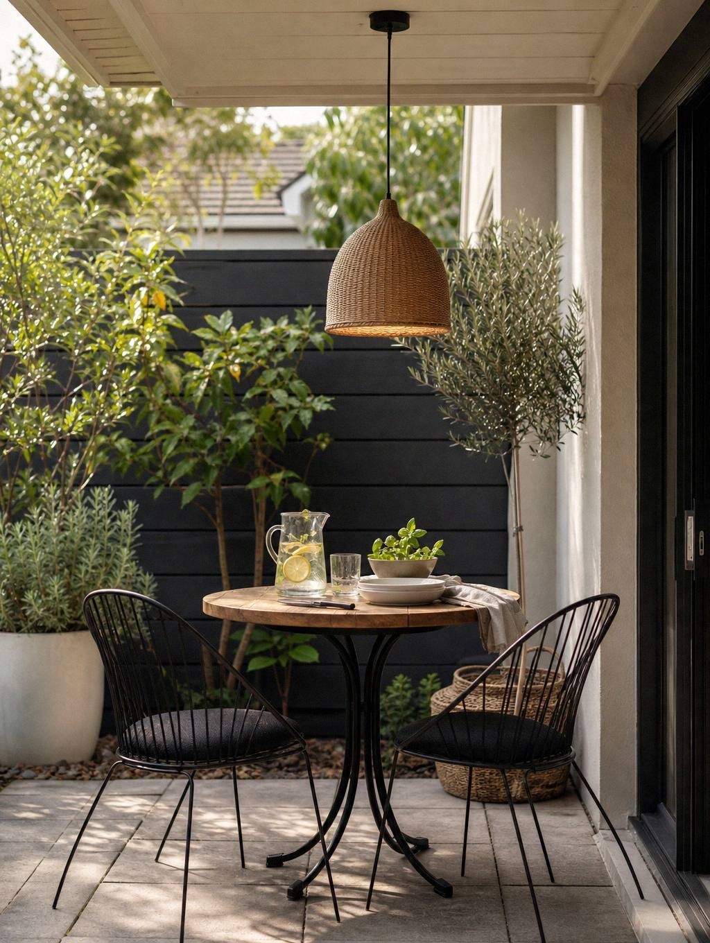 battery-operated pendant light hanging above small bistro table on patio at night