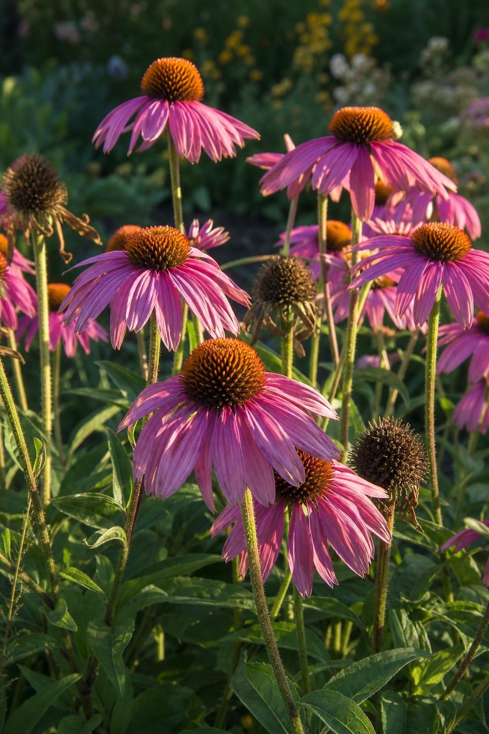 Purple coneflowers with raised copper-orange centers in a summer cottage bed