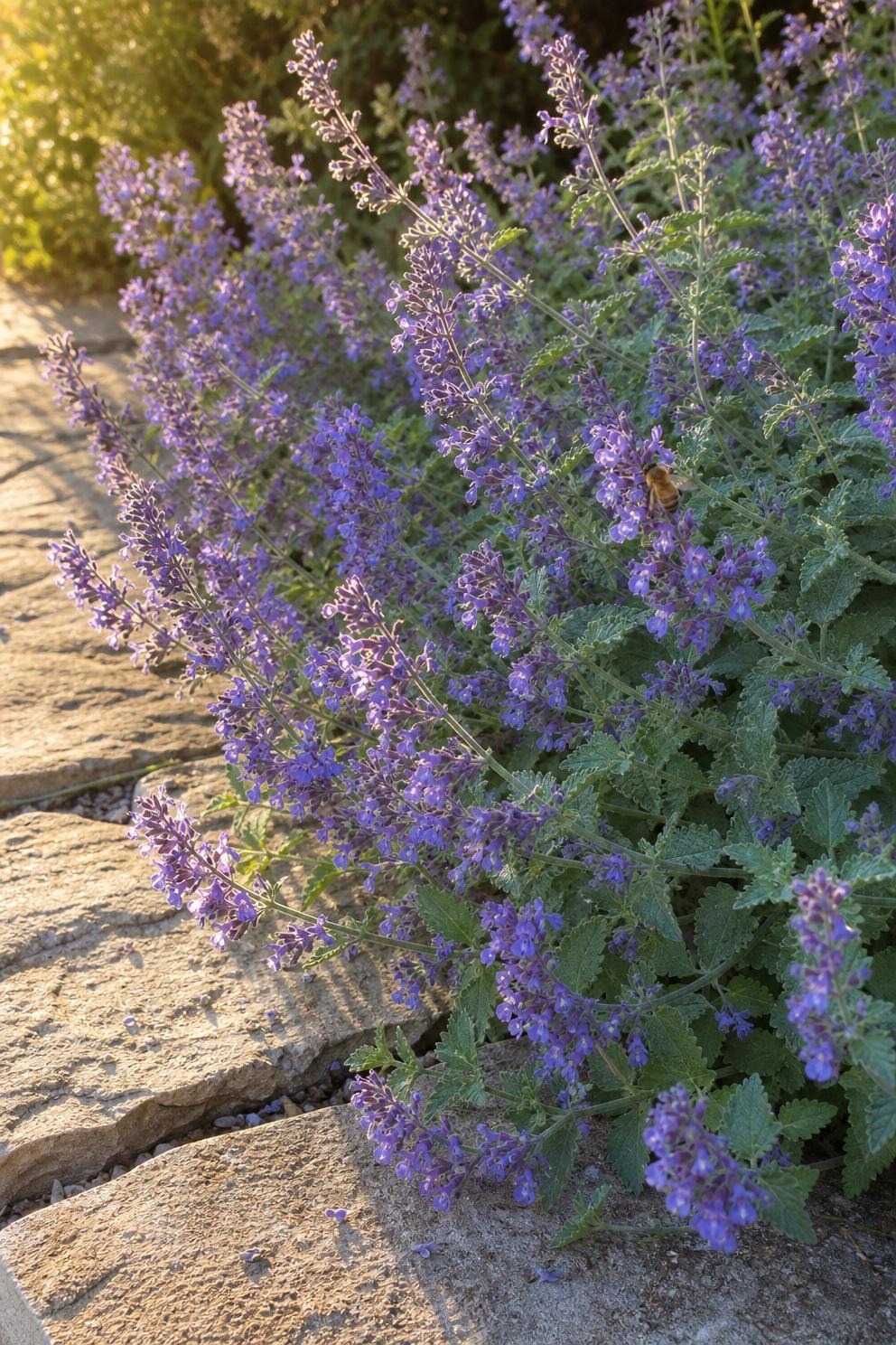 Lavender-blue catmint spilling loosely over the edge of a limestone paver path
