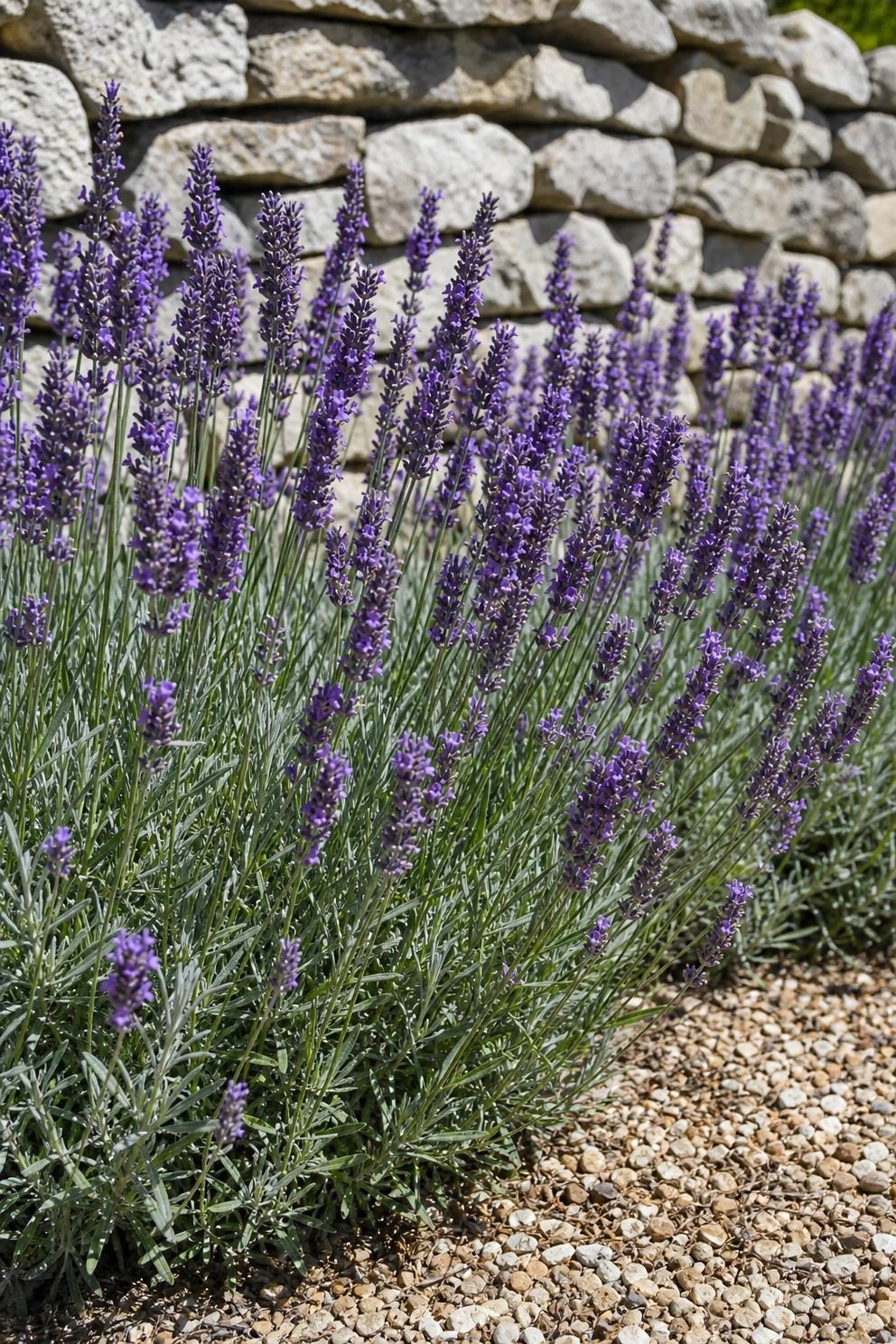 English lavender in bloom with silver-grey foliage in front of a low dry stone wall