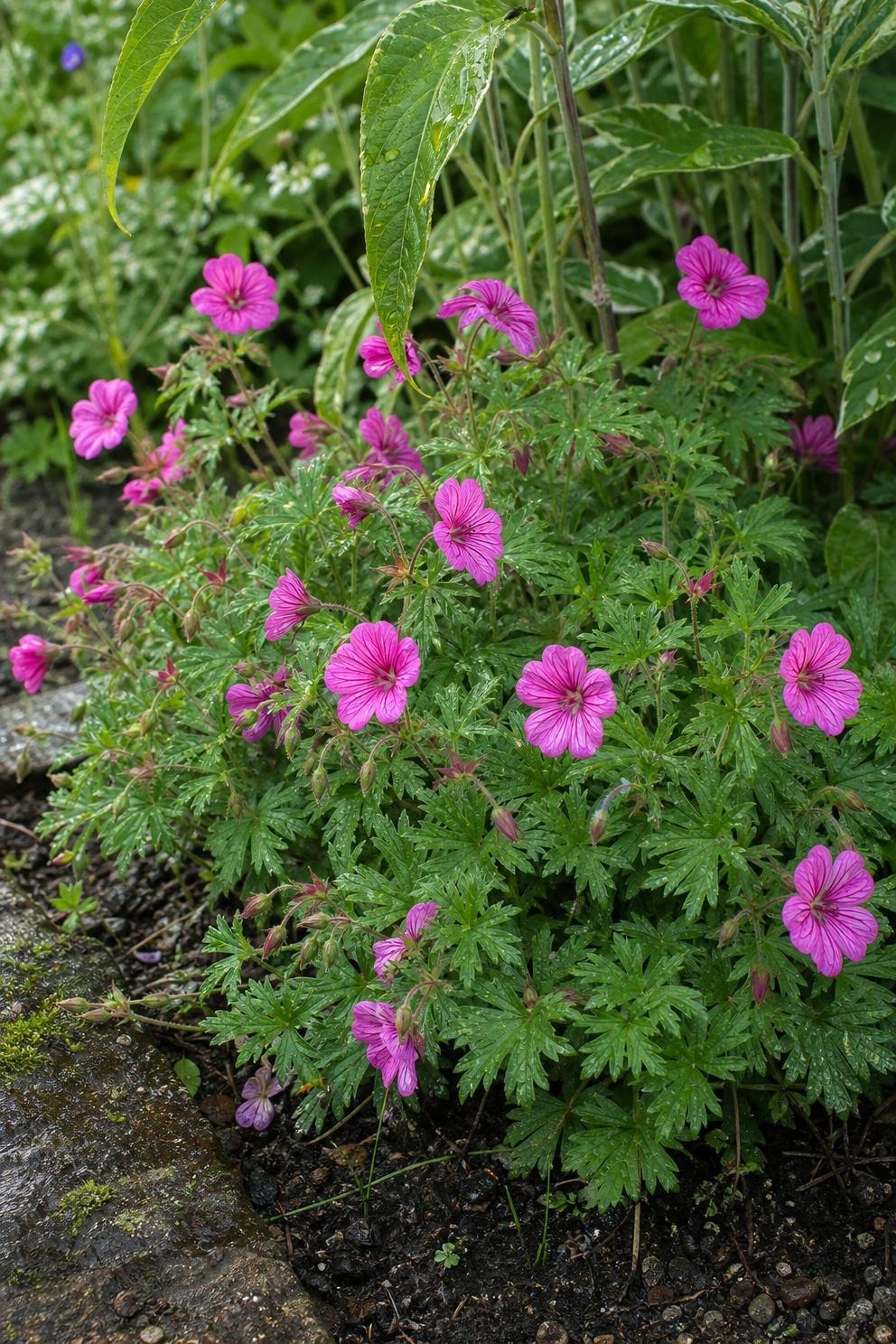 Magenta-pink hardy geranium flowers scattered over a low mound of deeply cut leaves