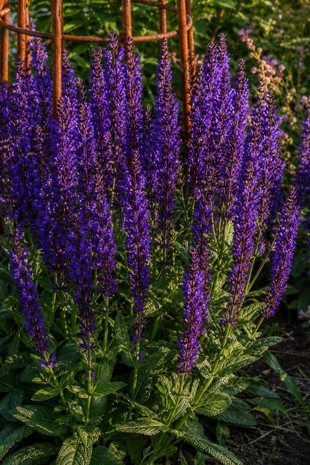 Deep violet-blue salvia flower spikes standing upright in a cottage border