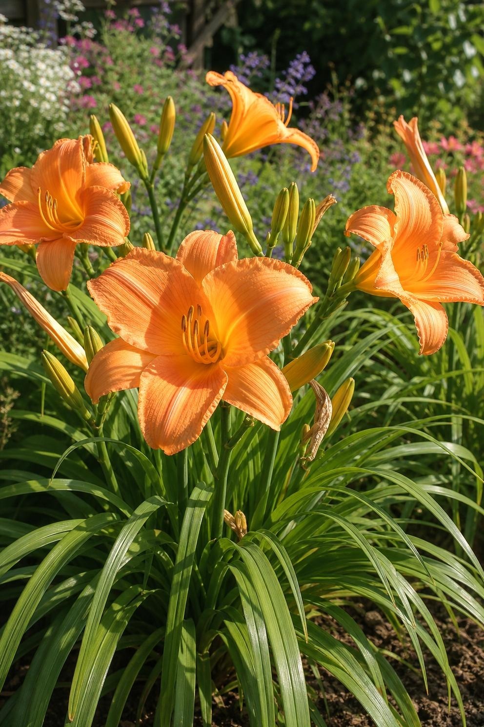 Apricot-orange daylily trumpet flowers above arching strap-shaped foliage