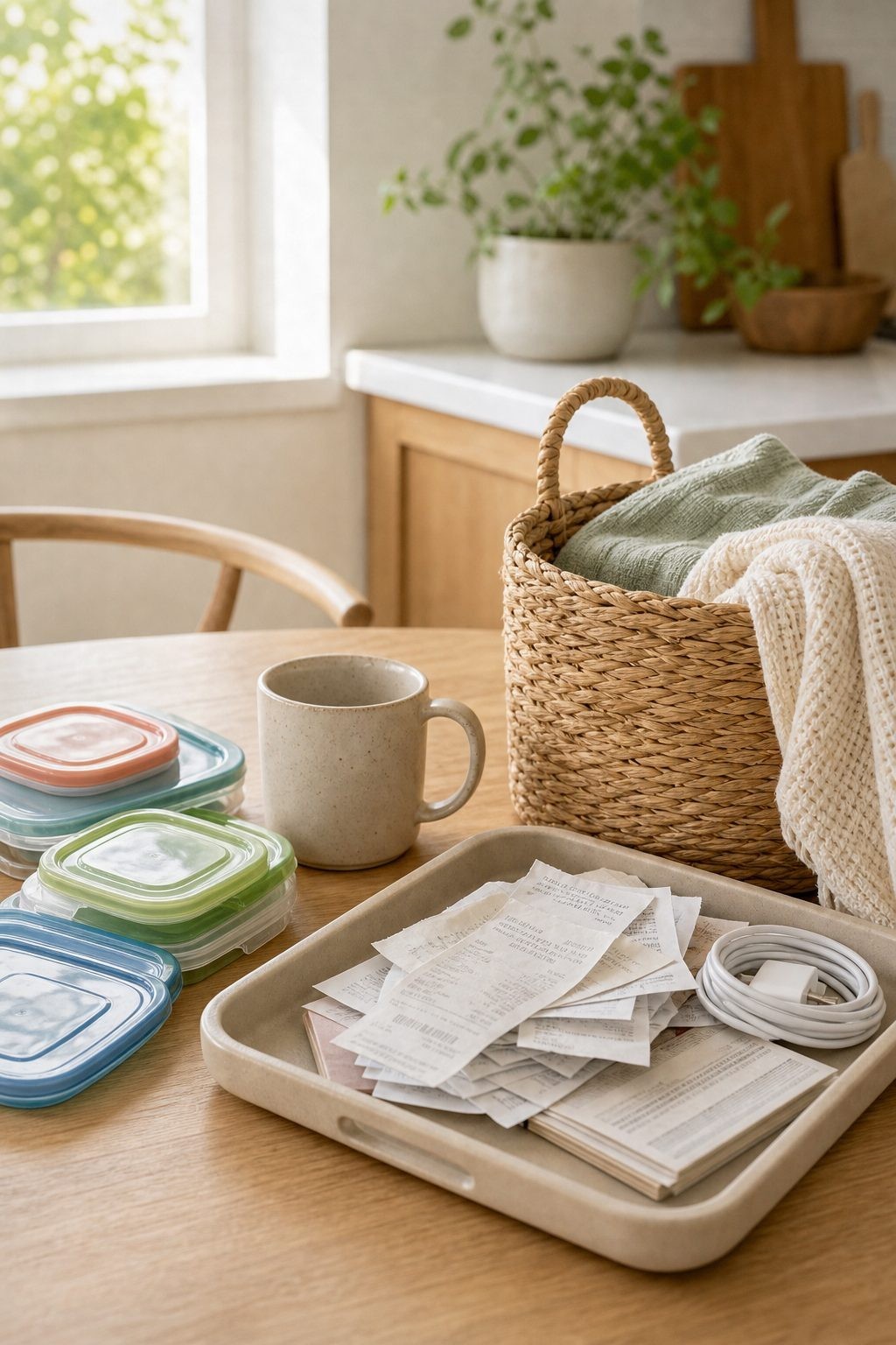 Calm kitchen table with food storage lids, receipts, a basket of linens, and a cord arranged for decluttering