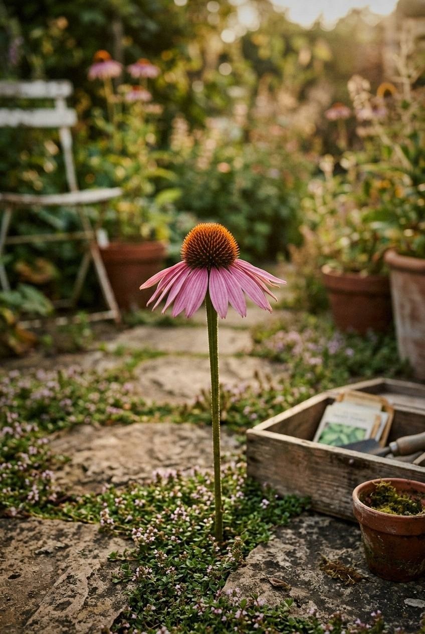 Pink coneflowers blooming in a sunny mixed perennial bed with bees on the blooms