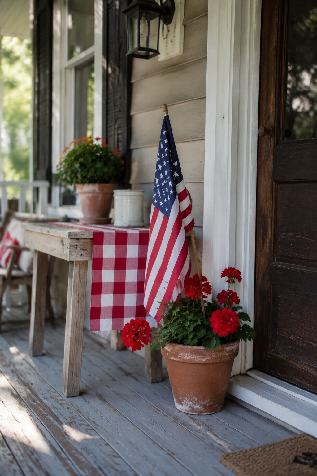 Front porch with a single 3x5 American flag in a clay pot of red geraniums beside the front door, a simple red and white runner on a porch table