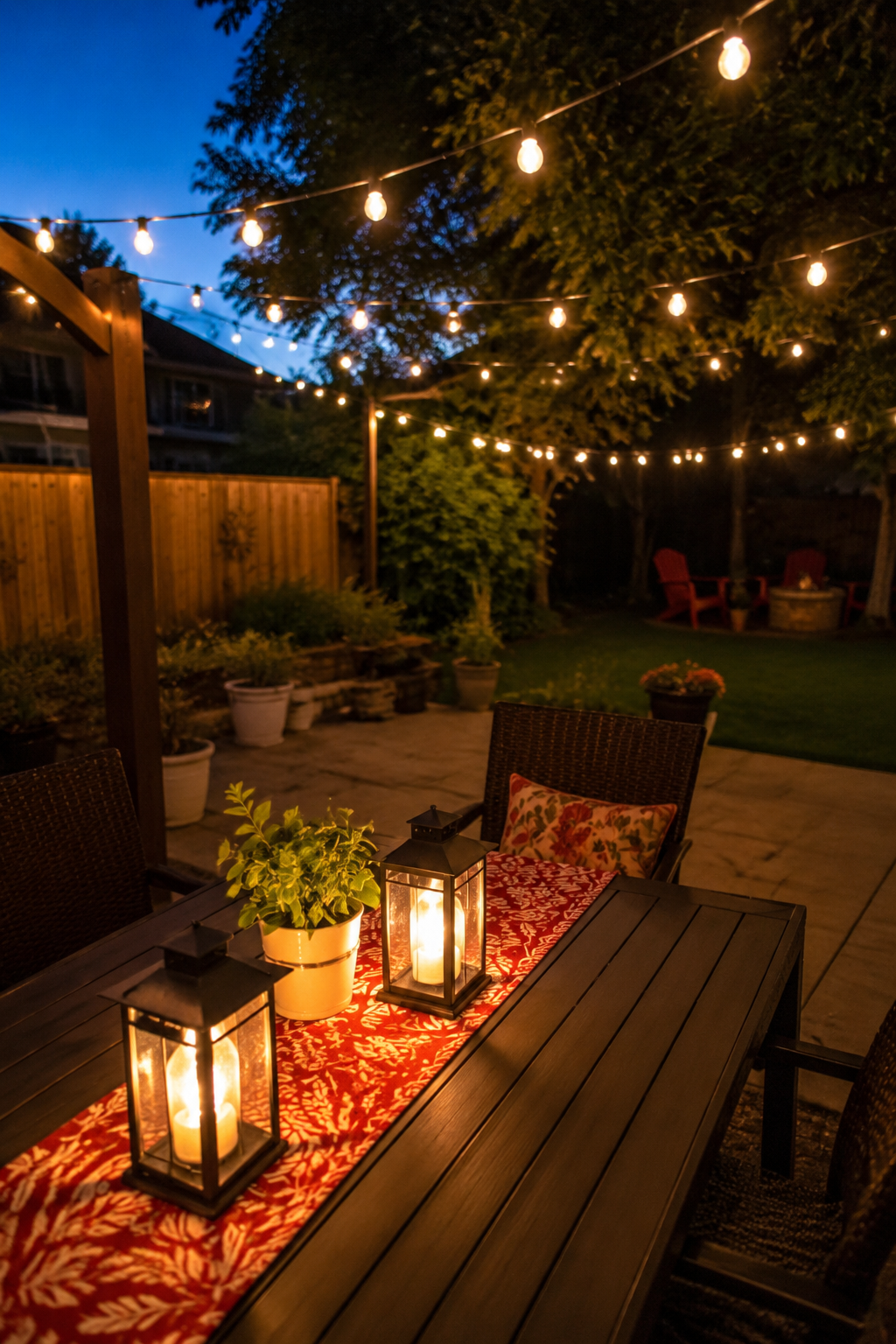 Backyard patio at dusk with warm string lights across the space, two solar lanterns on the dining table, and a red and white runner visible
