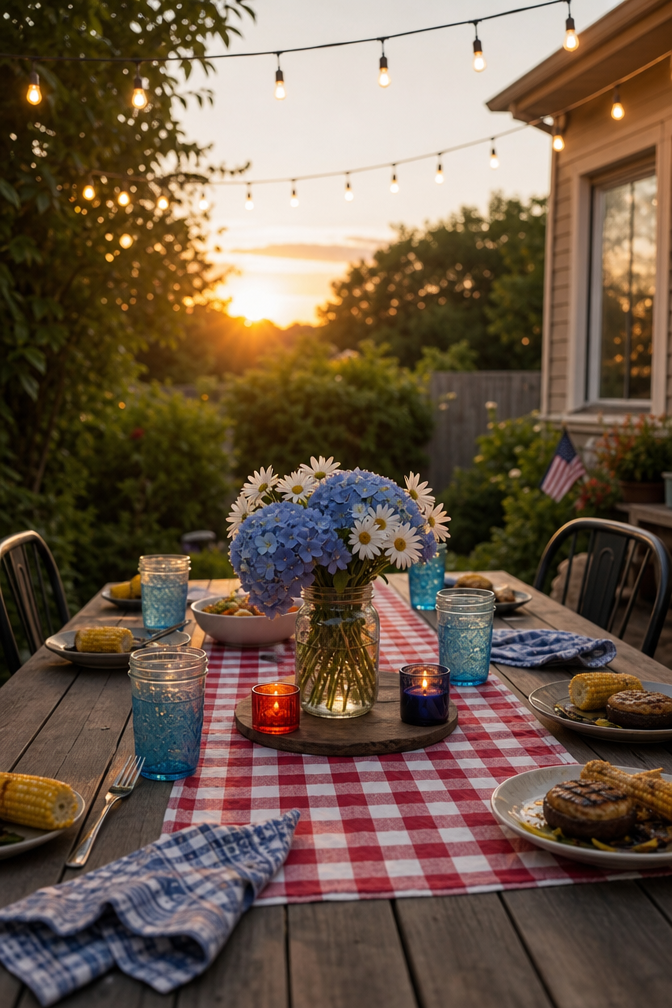 4th of July backyard dining table with a checked red and white runner, mason jar of blue hydrangeas, plates of grilled food, and warm string lights overhead at sunset