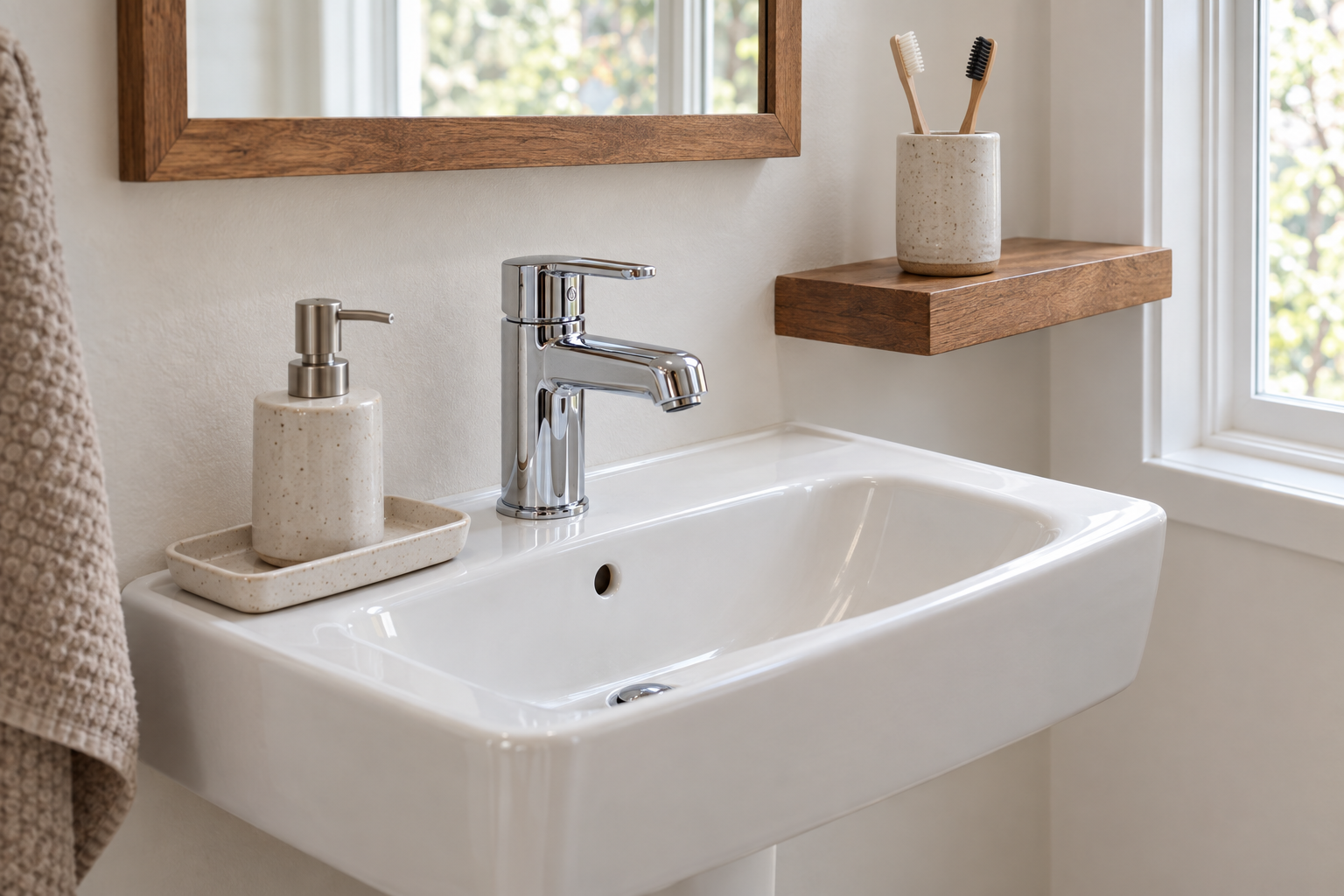 Soap on a ceramic tray beside a clear basin, with toothbrushes on a separate shelf.
