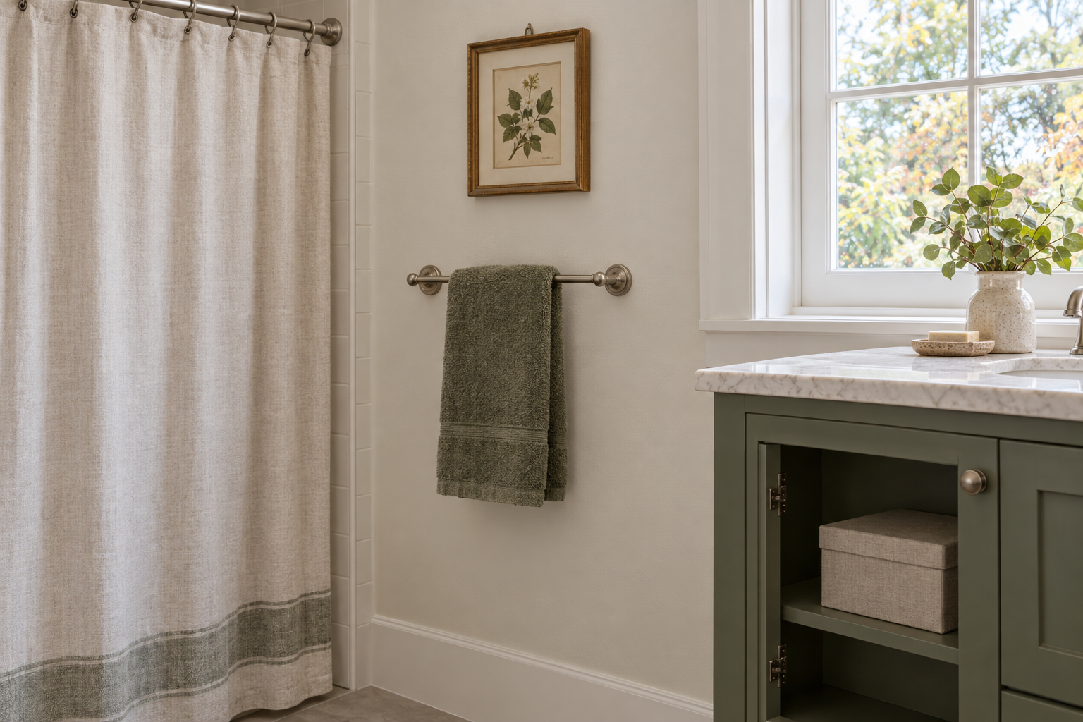 A green towel and botanical print beside a cabinet holding a lidded storage box.