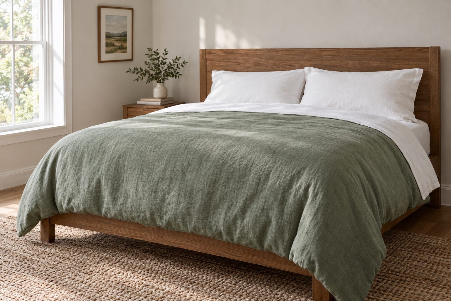A sage duvet cover with a white sheet fold and two plain white sleeping pillows.