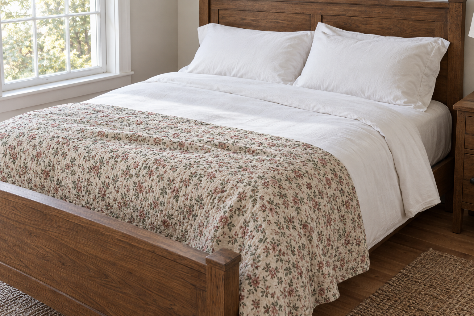 A small floral coverlet across the lower half of a bed with plain white bedding.
