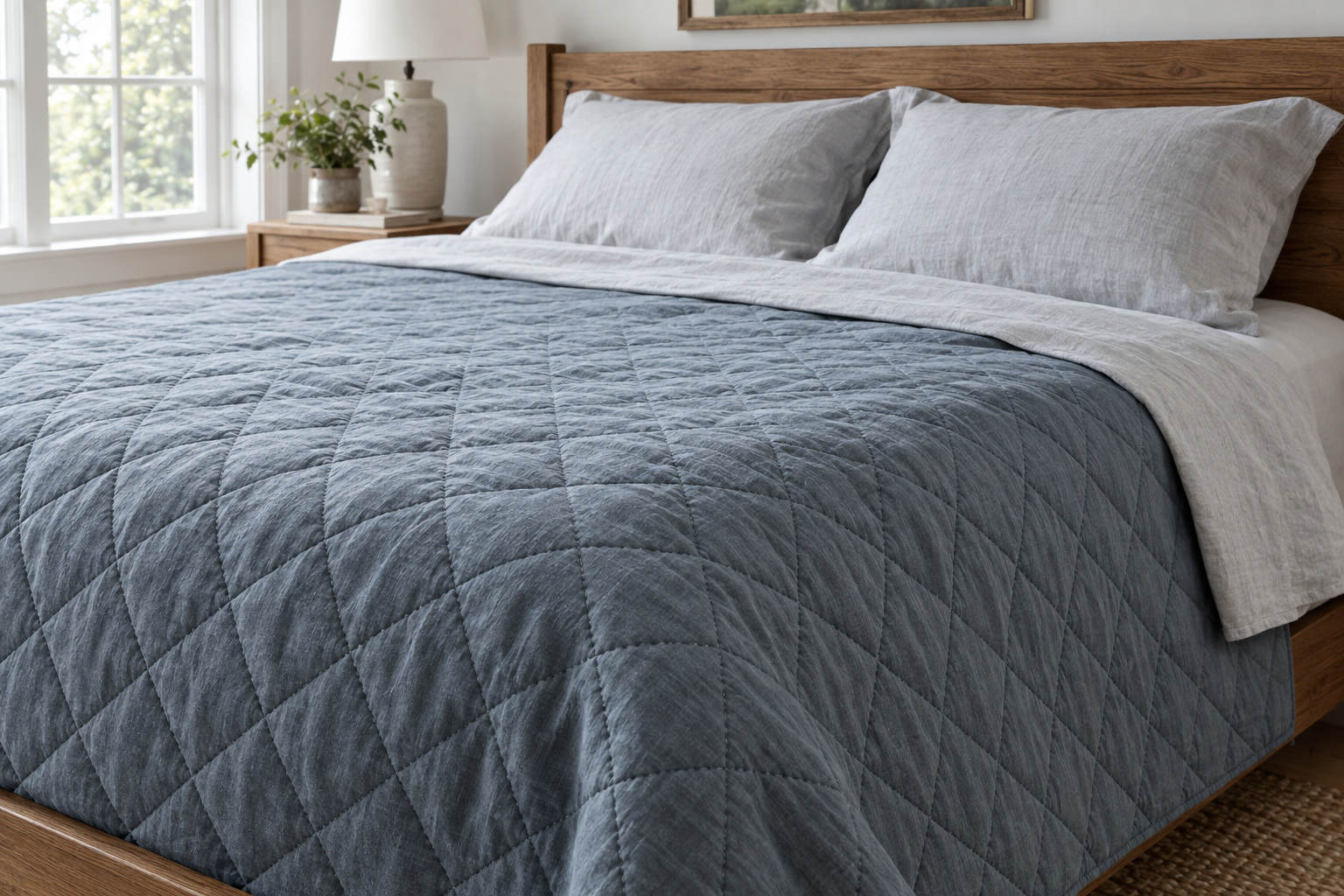 A blue-gray quilt with visible diamond stitching over pale gray sheets.