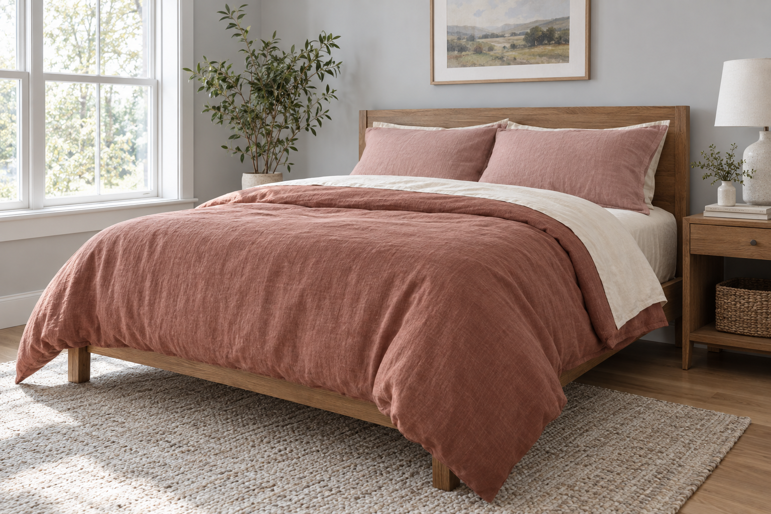 A dusty-clay duvet cover with muted pink pillowcases and a cream sheet fold.