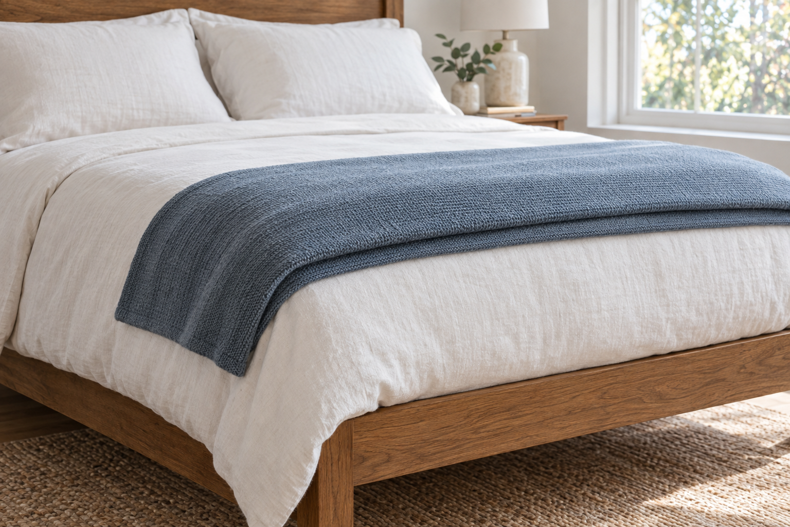 One slate-blue knit throw folded at the foot of a plain white bed, clear of the floor.