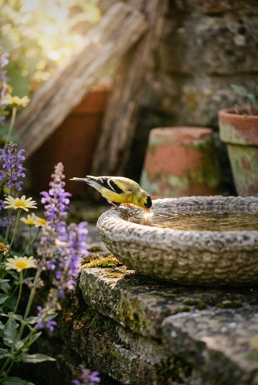Low bird bath placed at the edge of a hedge in a quiet backyard corner