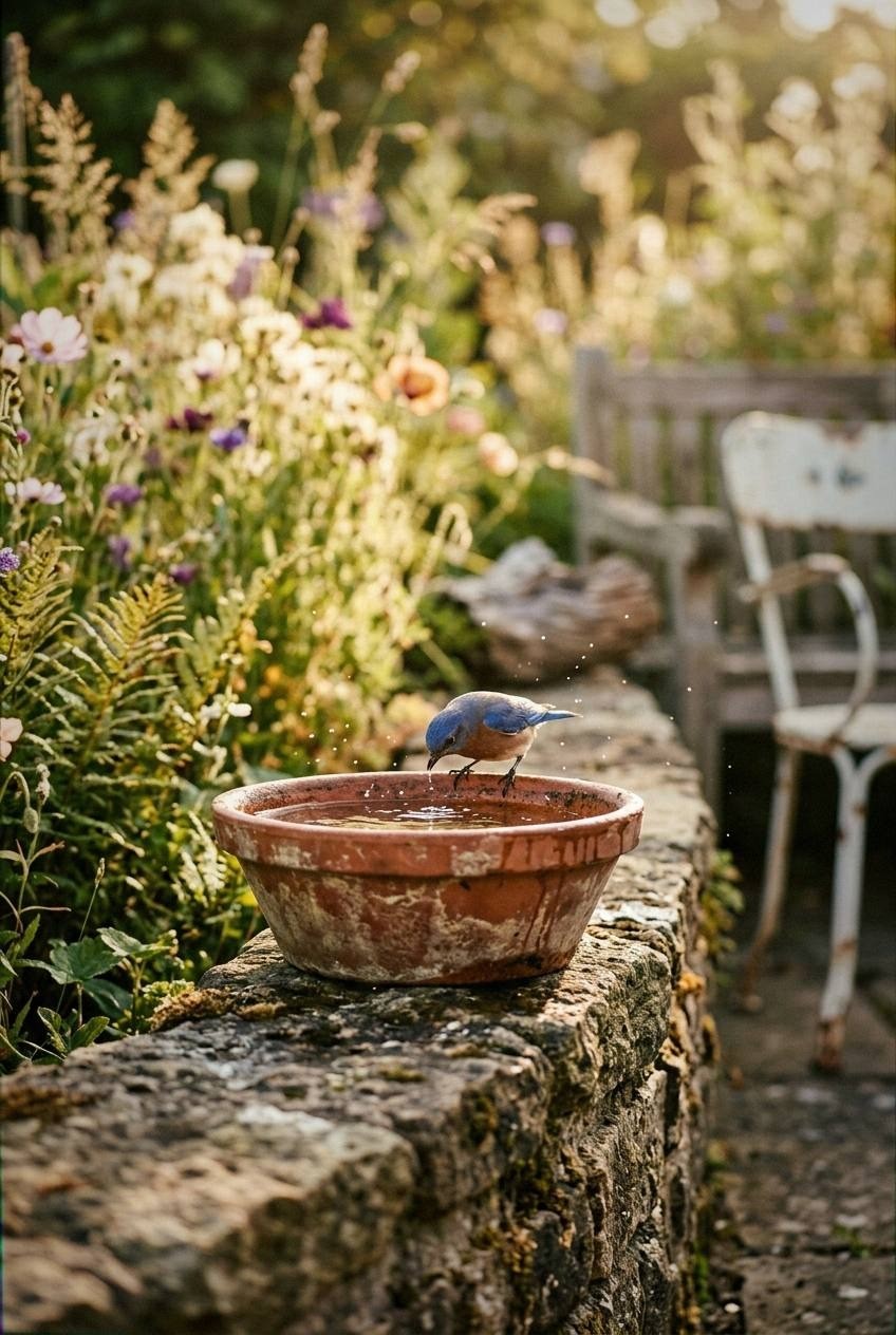 Shallow terracotta saucer set on a flat stone in a garden bed, used as a ground bird bath