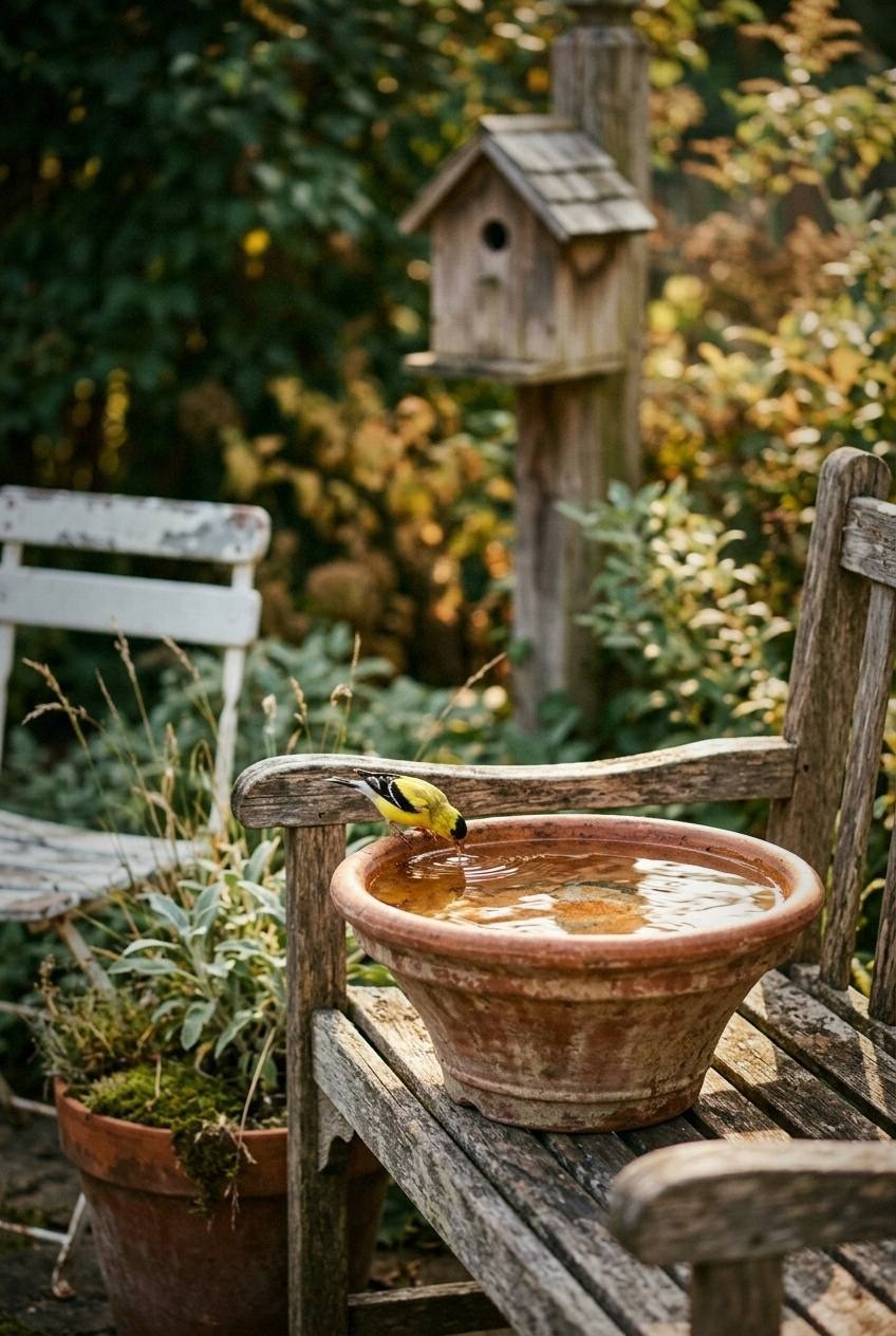 Person tipping out a bird bath into garden soil, clean basin ready for fresh water