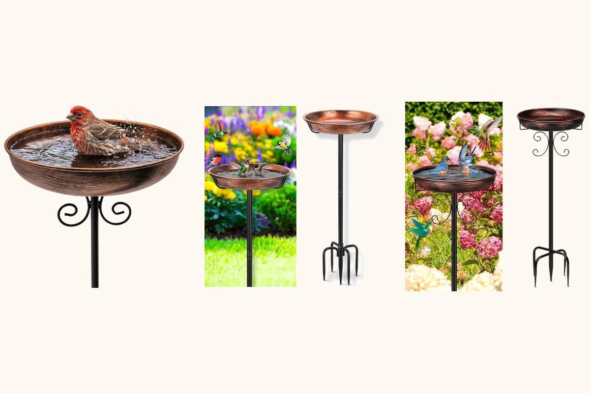 Three bird baths, a low staked bath, a pedestal bath with a removable bowl, and an antique bronze pedestal