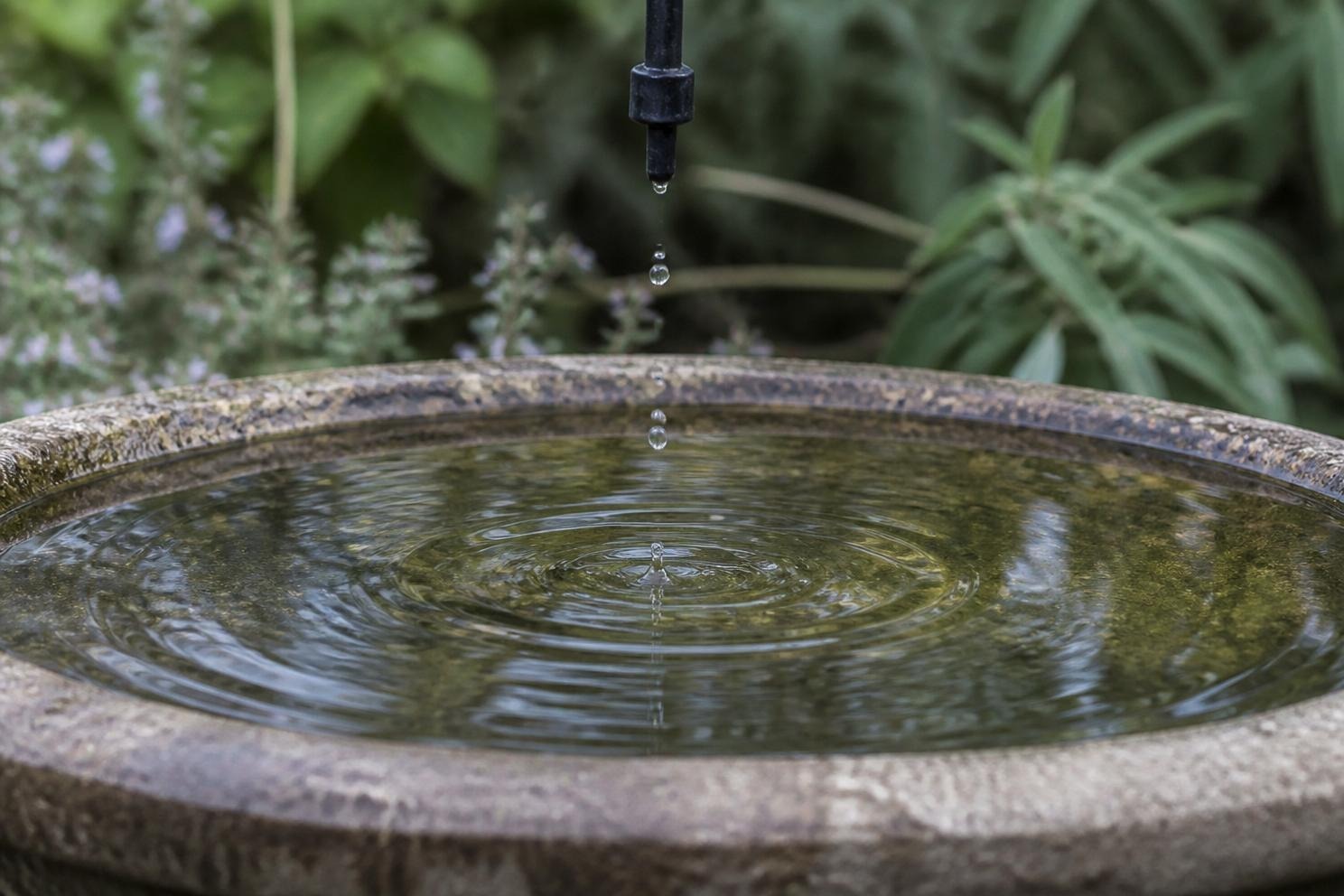A drop of water falling into a bird bath, rings spreading across the surface