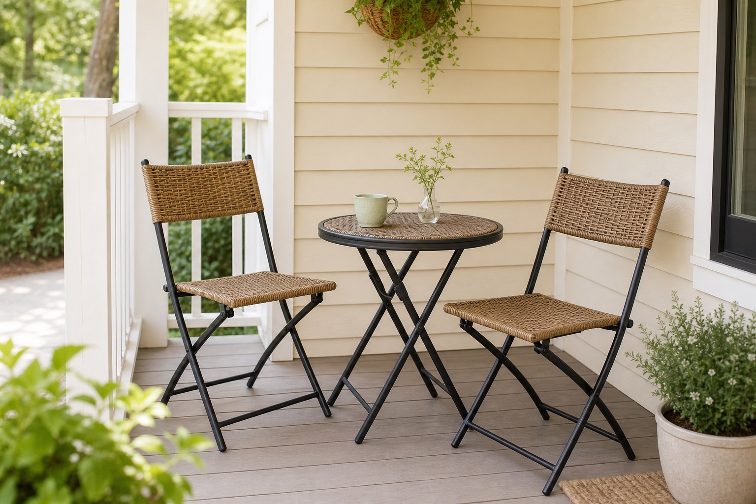 Small folding steel and woven-rope bistro set on a narrow covered cottage porch with a clear door path