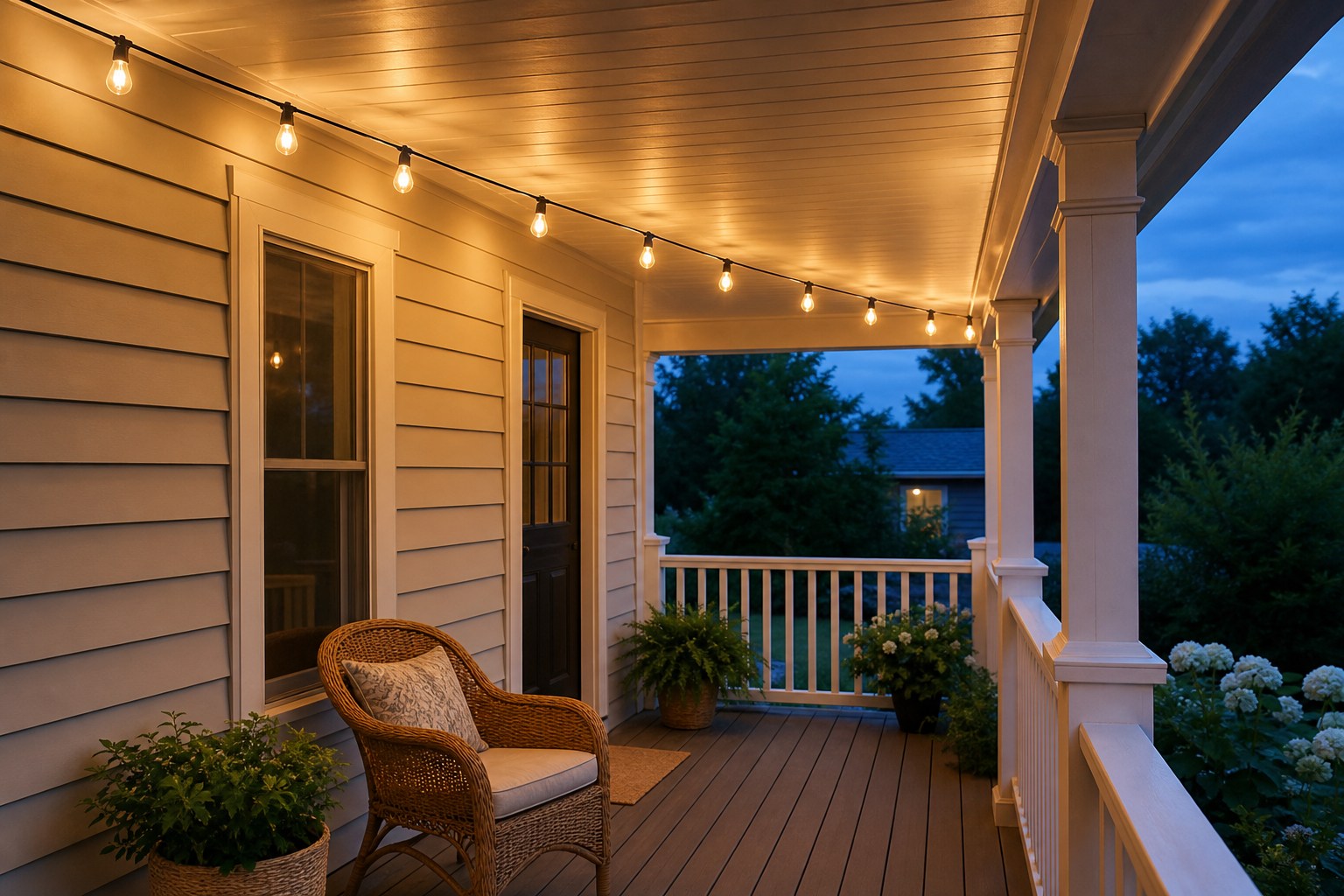 Modest cottage front porch at early dusk with one restrained strand of warm bulbs along the porch beam