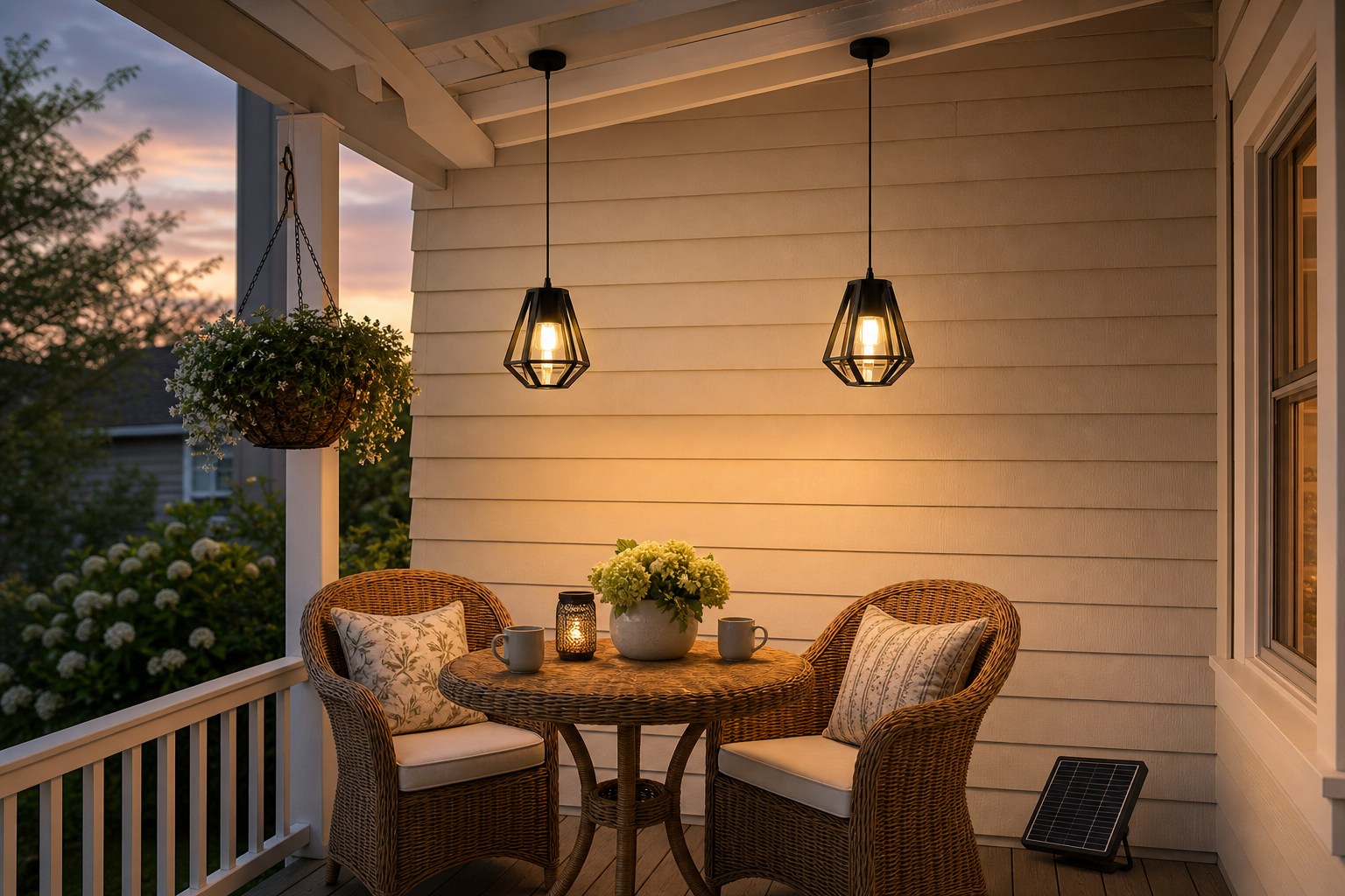 Two small black geometric solar pendant lights glowing in a protected cottage porch corner