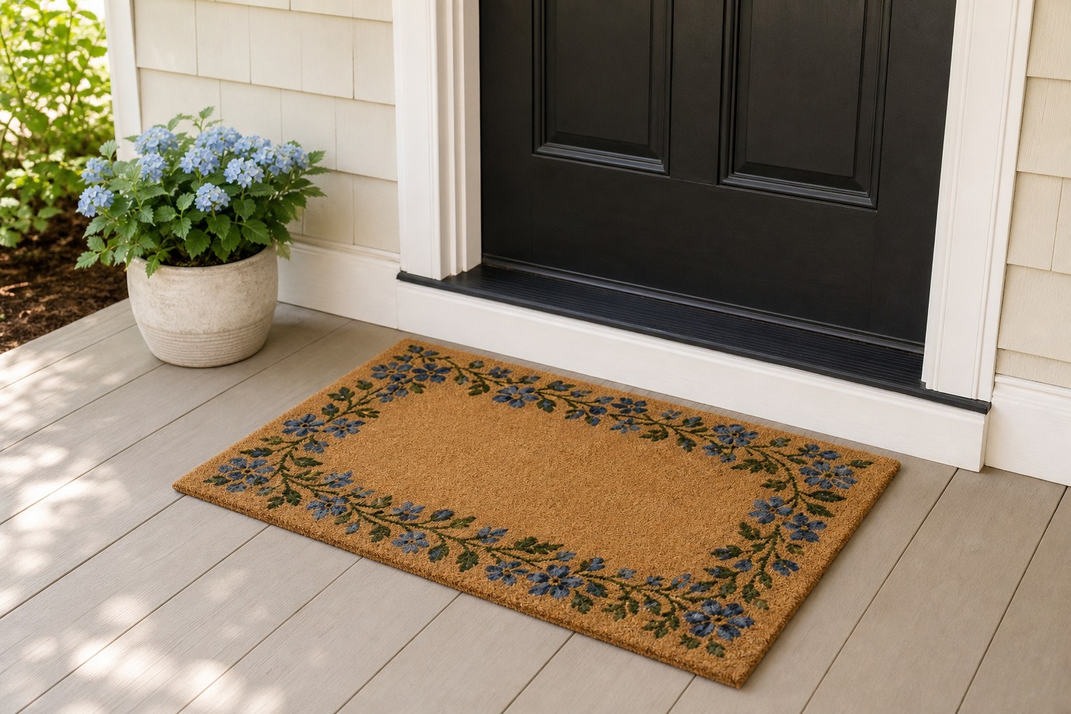 Covered cottage front entry with a natural coir doormat bordered by restrained blue and green flowers
