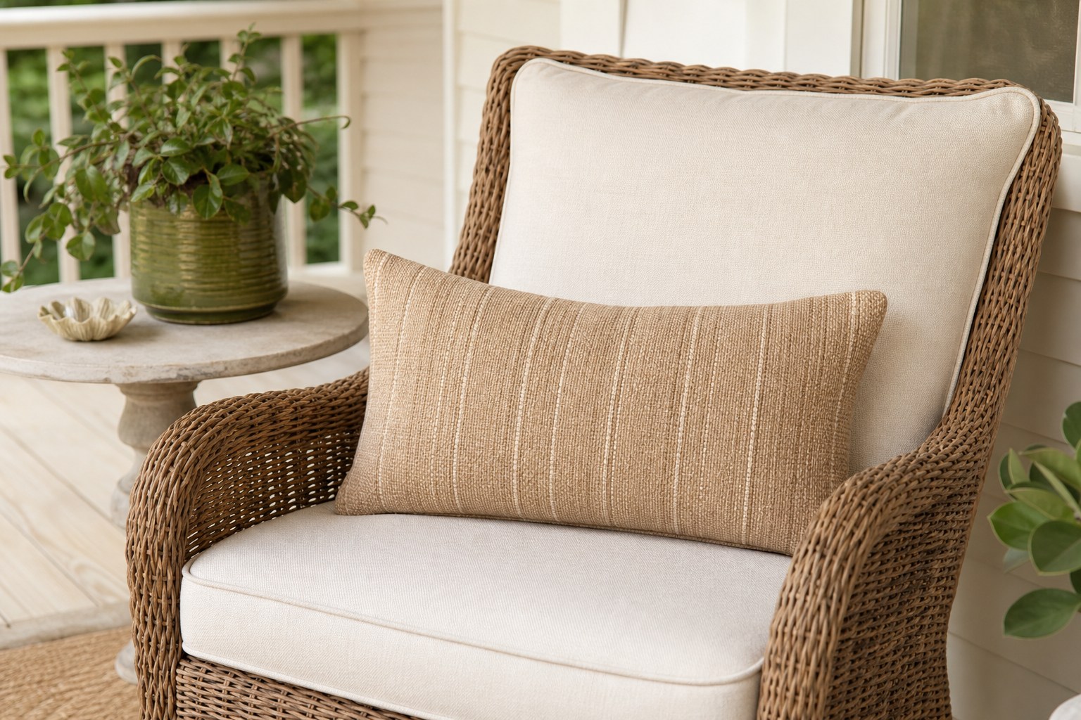 Small tan textured stripe outdoor lumbar pillow on a wicker chair on an uncluttered cottage porch