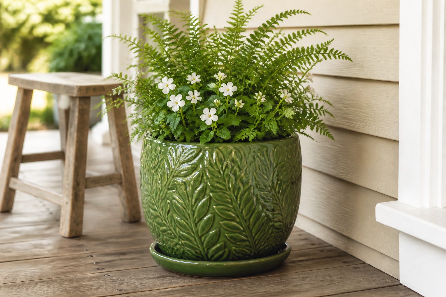 Green ceramic planter with raised leaf texture holding a healthy porch plant beside a door and outside the walking lane