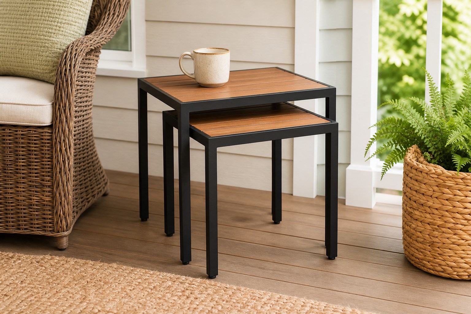 Two black outdoor nesting tables with warm wood-look tops tucked beside one porch chair while the entry stays clear
